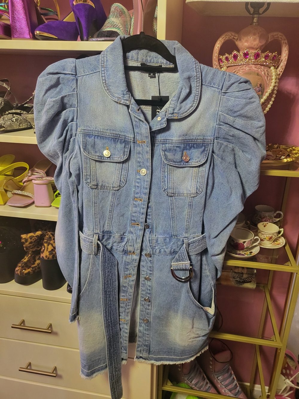 Denim Puff-Sleeve Dress- Light Blue